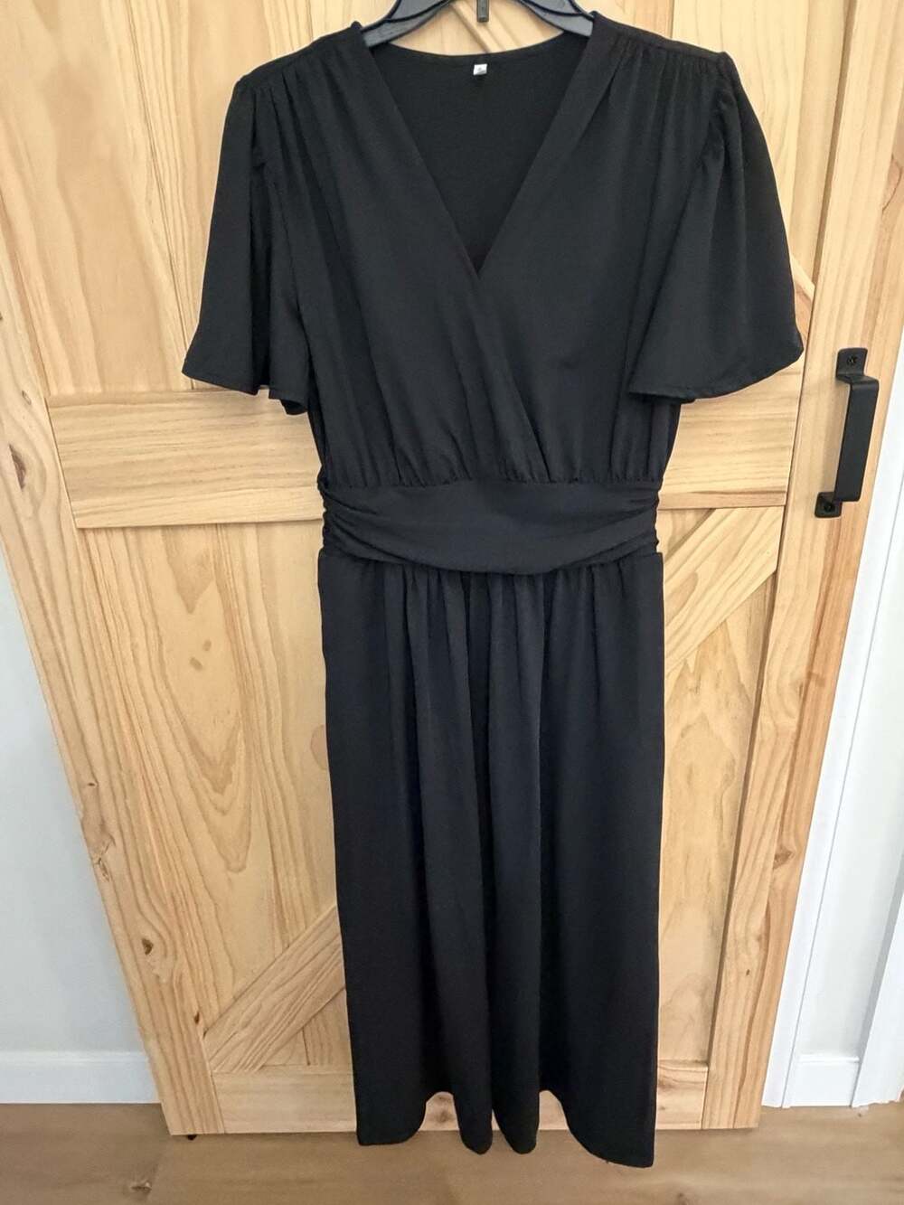 Halara Women's V-Neck Flutter Short Sleeve Draped Midi Dress in Black